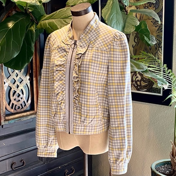 Anthropologie Idra Gingham Check Ruffled Lapel Zip Jacket. Bomber cut - Picture 2 of 13